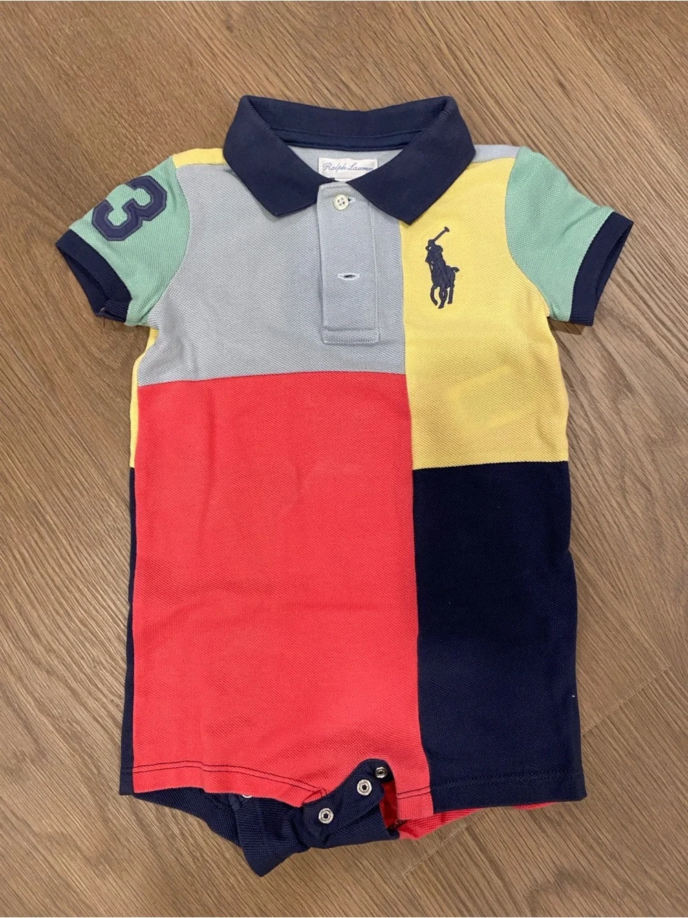 Ralph Lauren Patchwork Polo Romper in Navy, Pink, Yellow & Light Blue